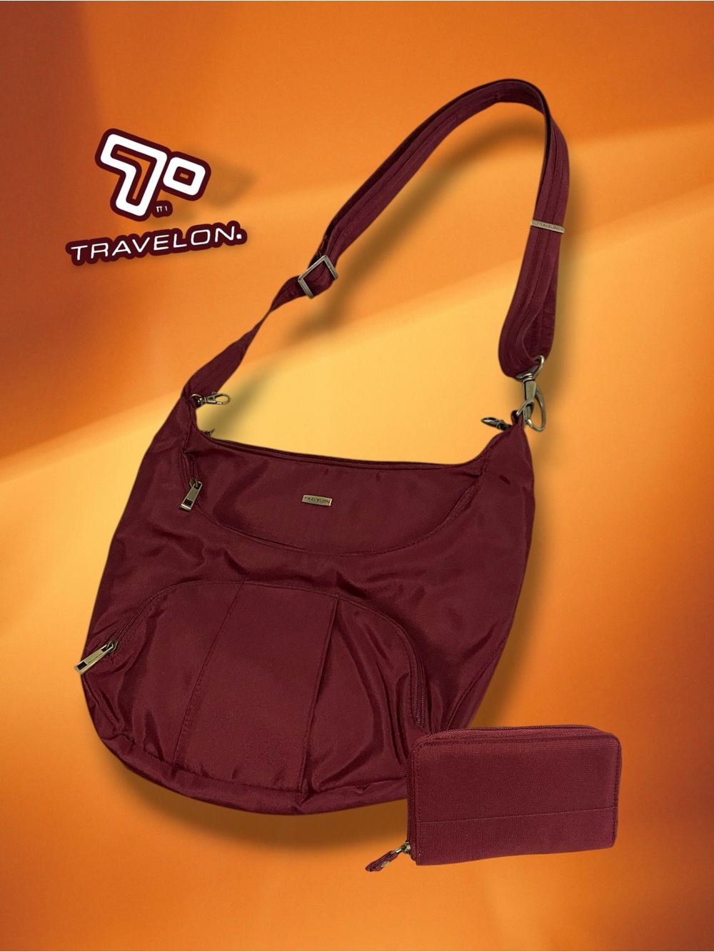 Travelon Anti-Theft Classic Hobo Crossbody Bag & RFID Wallet Set Wine Burgundy